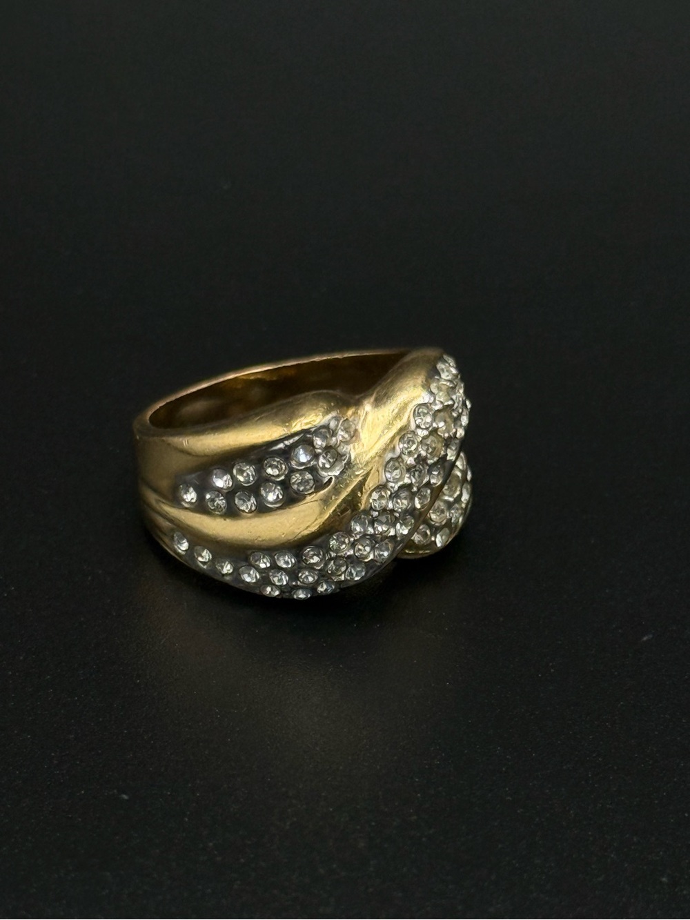 Vintage Gold Tone Pave Crystal Swirl Cocktail Ring